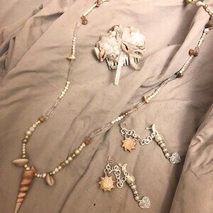 bundle shell pearl necklace, hair comb, earring set